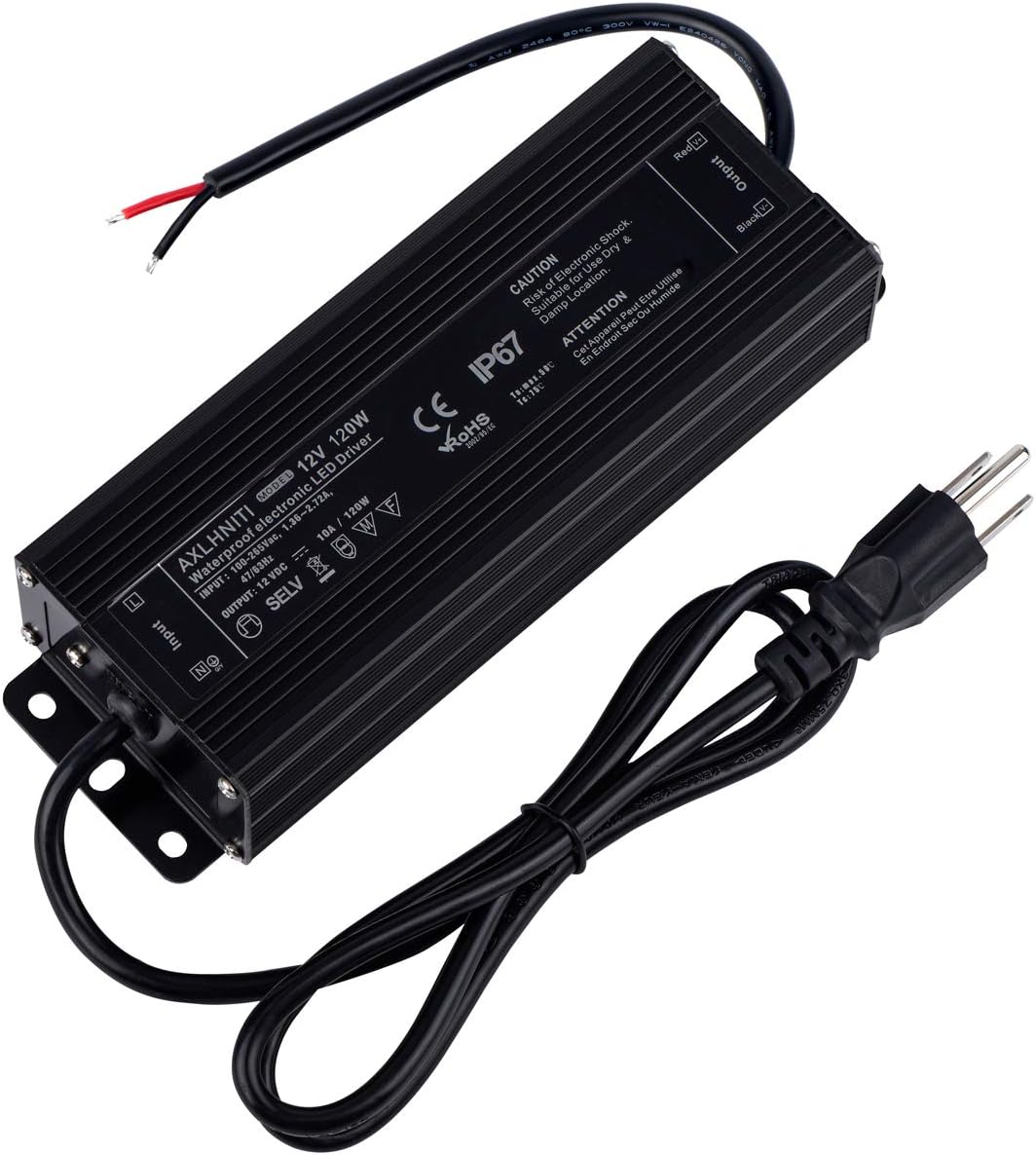 LED Driver 120W 12V DC Waterproof IP67 LED Power Supply with 3-Prong Plug 3.3 Feet Cable G72651