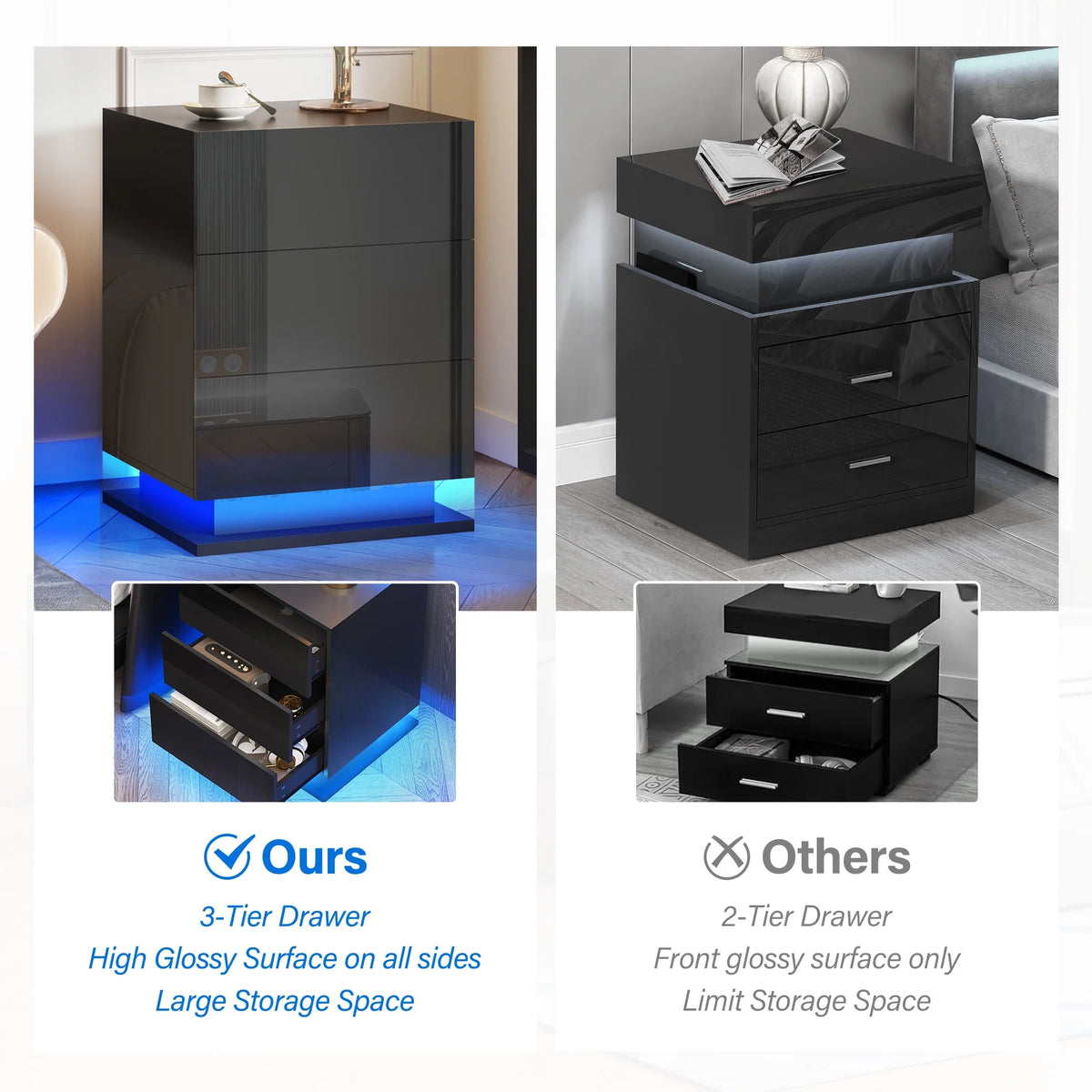 Black 3 Drawer LED Nightstand B50676