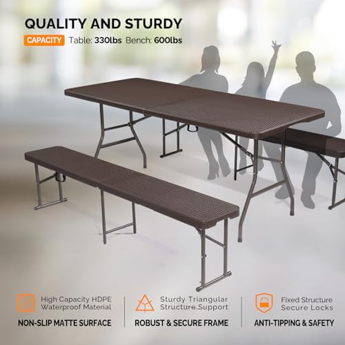 White 6 Feet 3-Piece Folding Picnic Table Set with 2 Benches D3977