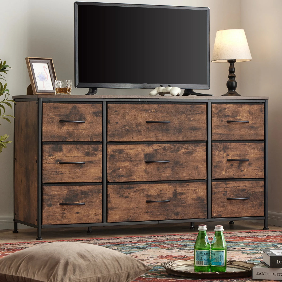 Black 9 Drawer Wide Dresser TV Stand O7157
