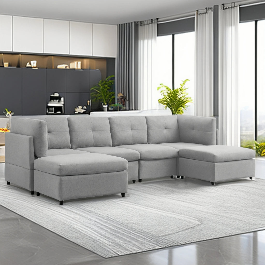 118" Convertible Linen Sectional Sofa with Ottomans N120