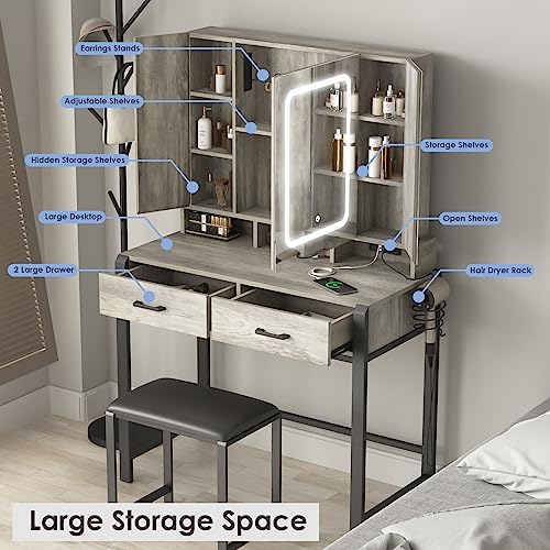 Vanity Desk with Lighted Tri-Fold Mirror and 2 Drawers R205348
