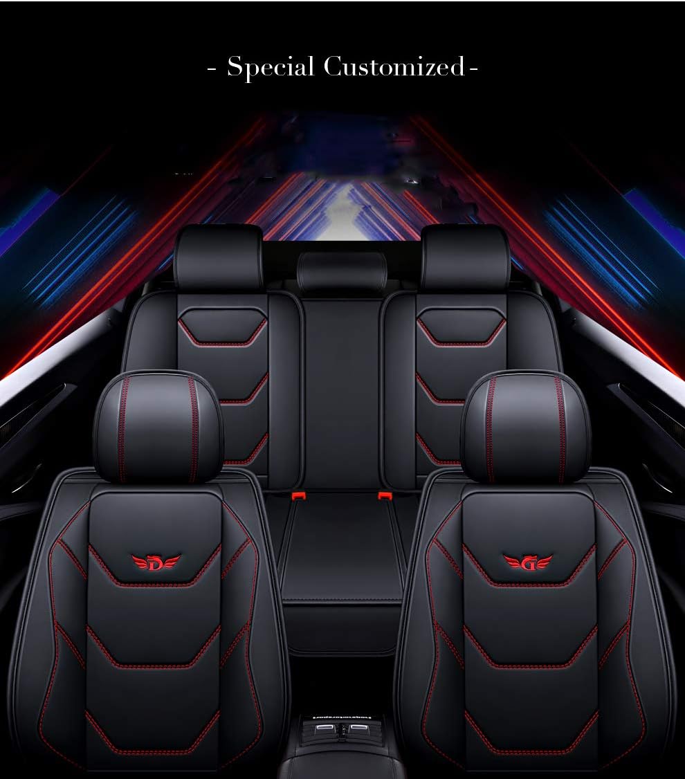 Black-Red PU Leather Car Seat Covers 5 Seats Full Set D762931