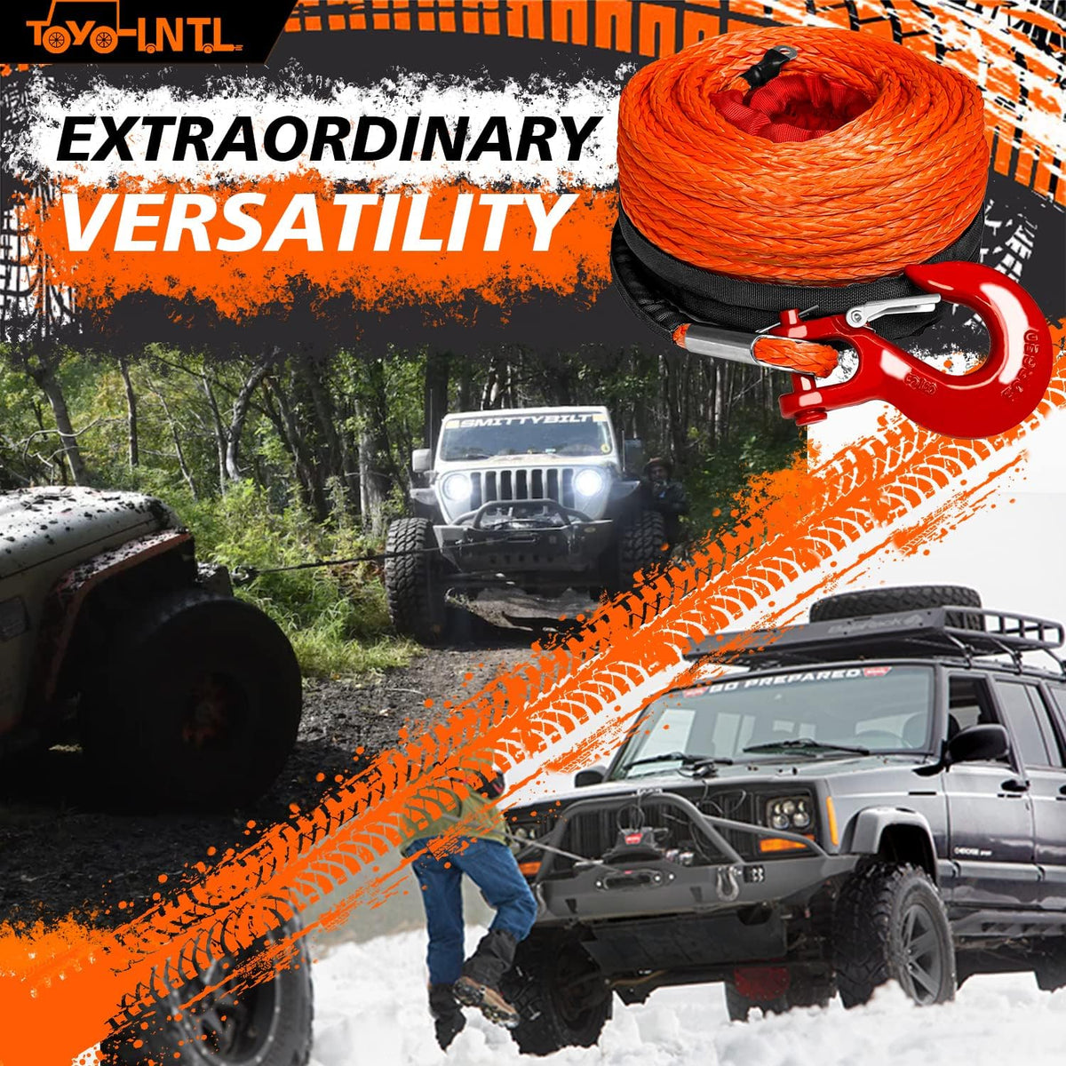 3/8" x 100ft Synthetic Winch Rope with Hook and Sleeve Protection Orange Recovery Cable Rope A804
