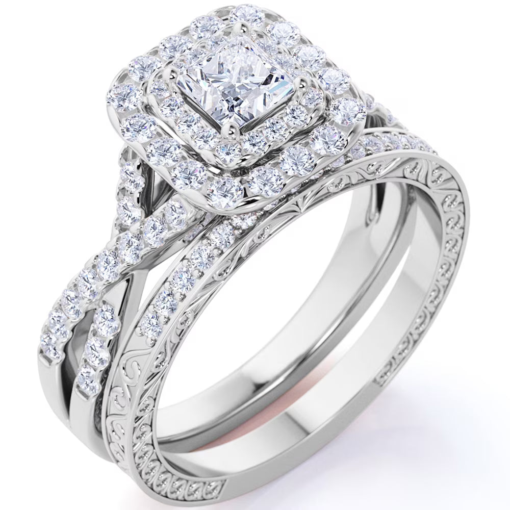 18K White Gold over Silver Moissanite Wedding Ring Set M9143