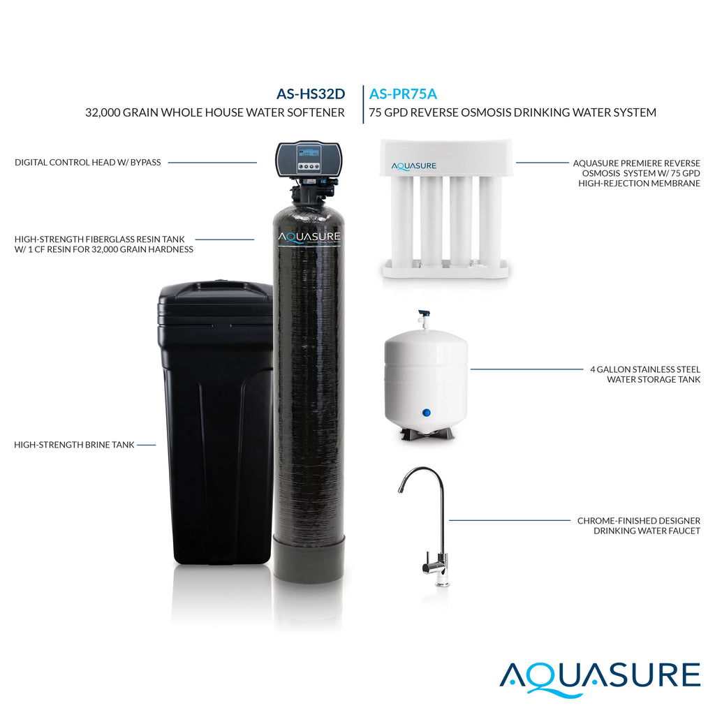 Whole House Water Softener Reverse Osmosis Drinking Water Filter Bundle 32,000 Grains S4092