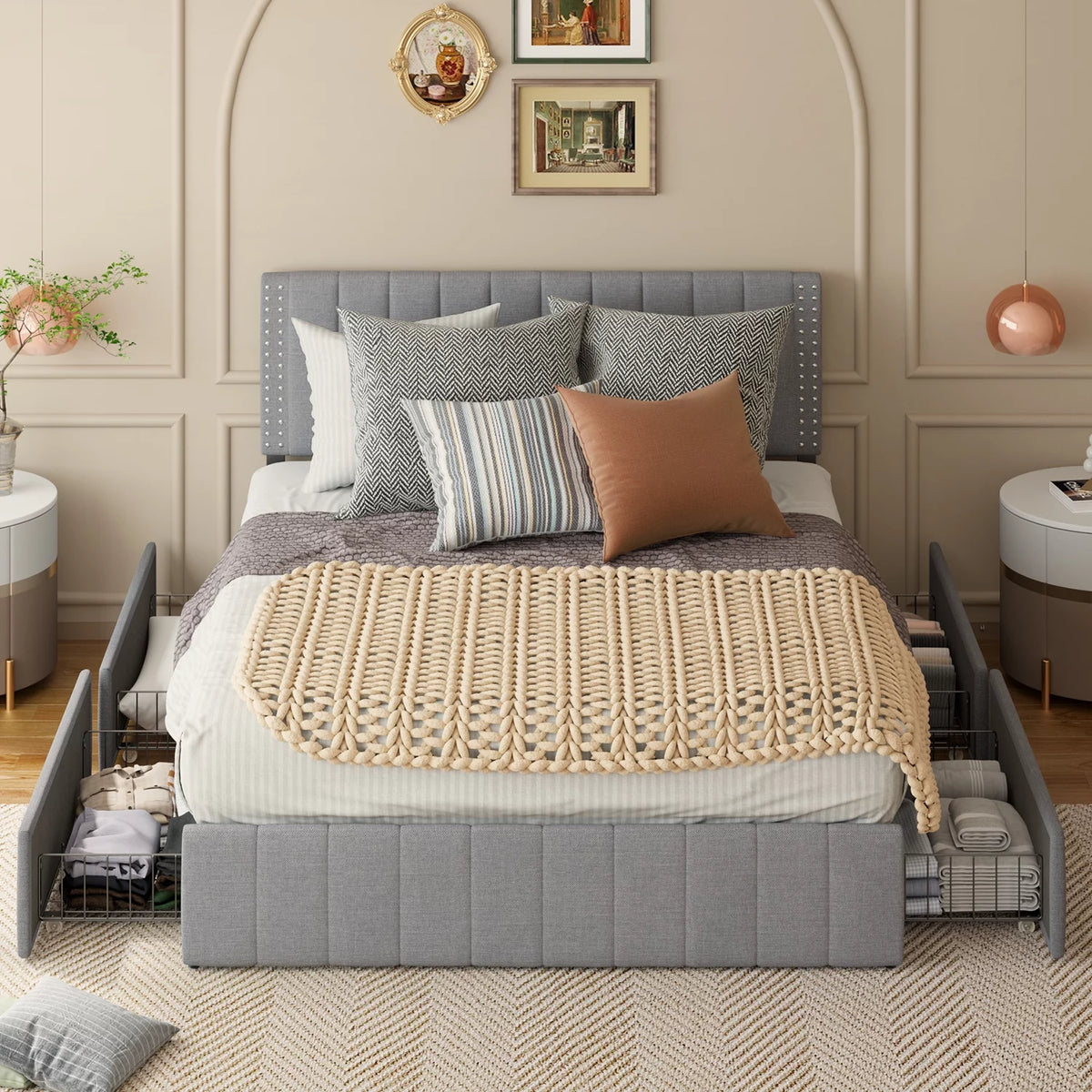 Queen Bed Frame with Adjustable Headboard and 4 Storage Drawers V826644