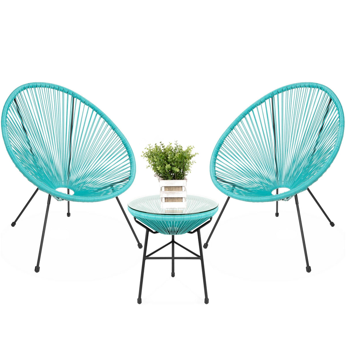 Light Blue 3-Piece Rope Patio Bistro Furniture Set with Glass Top Table I920