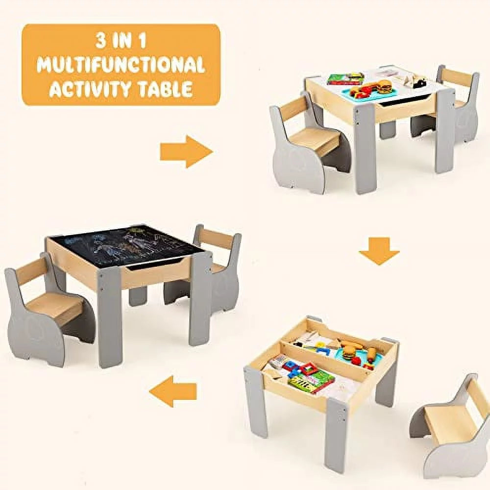 3 in 1 Kids Table and Chair Set Wood Activity Table with Removable Tabletop B112