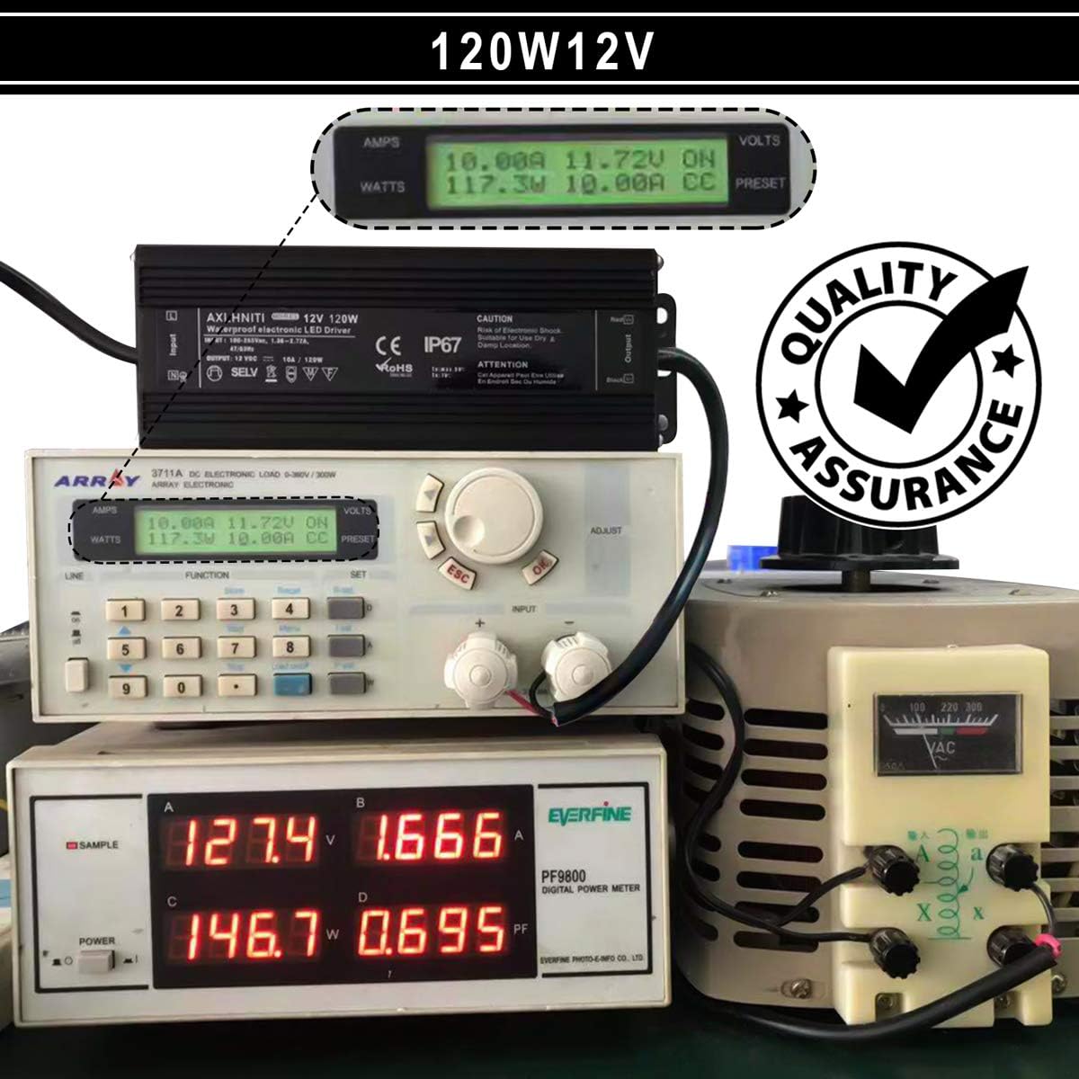 LED Driver 120W 12V DC Waterproof IP67 LED Power Supply with 3-Prong Plug 3.3 Feet Cable G72651