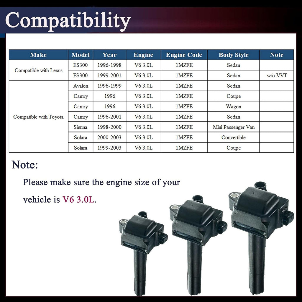 Set of 3 Ignition Coil Pack for Toyota Camry 1996-2001 Solara Sienna Avalon Lexus ES300 V6 3.0L U233544