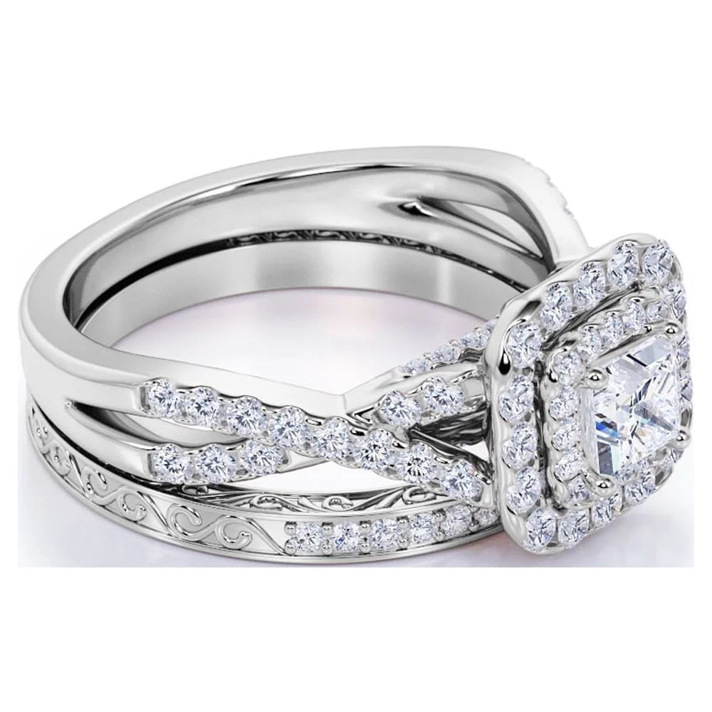 18K White Gold over Silver Moissanite Wedding Ring Set M9143