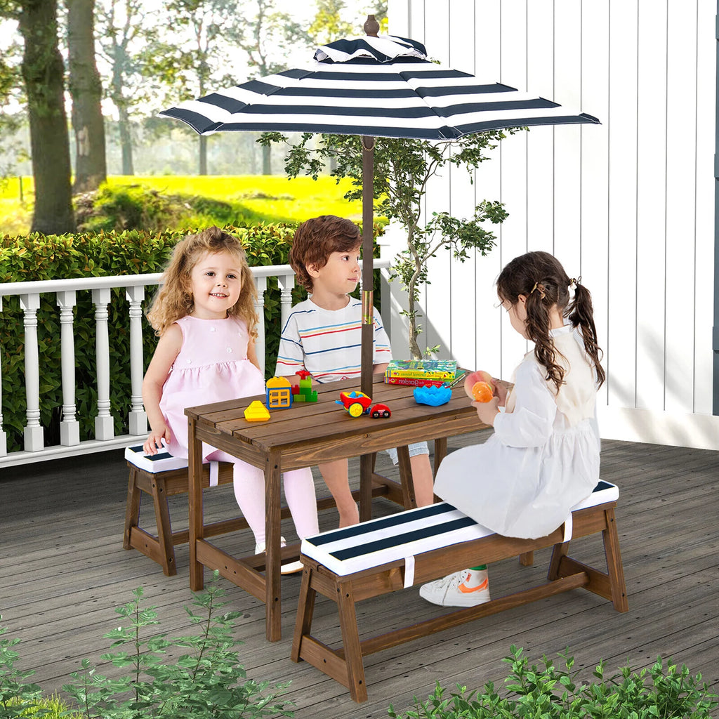 Kids Wood Picnic Table and Bench Set with Cushions Umbrella N3977