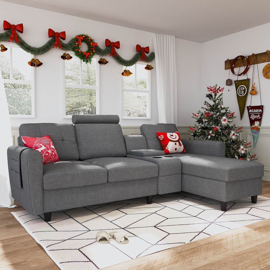 Grey Reversible Sectional Sofa with Cup Holders & Storage Console P259
