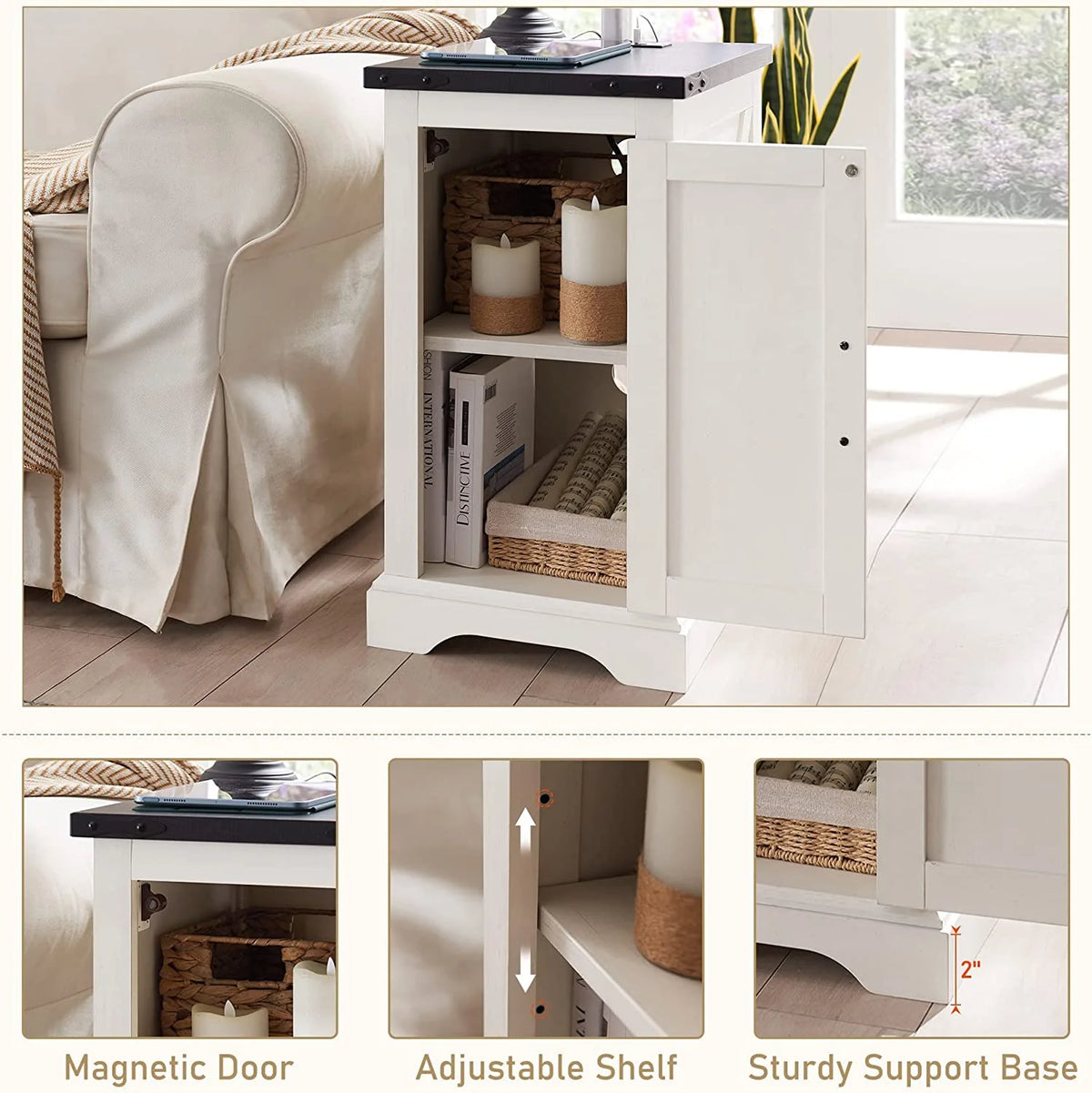 White Farmhouse Wood Nightstand with Charging Station P169275