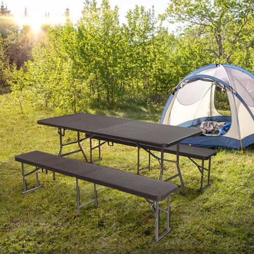 White 6 Feet 3-Piece Folding Picnic Table Set with 2 Benches D3977