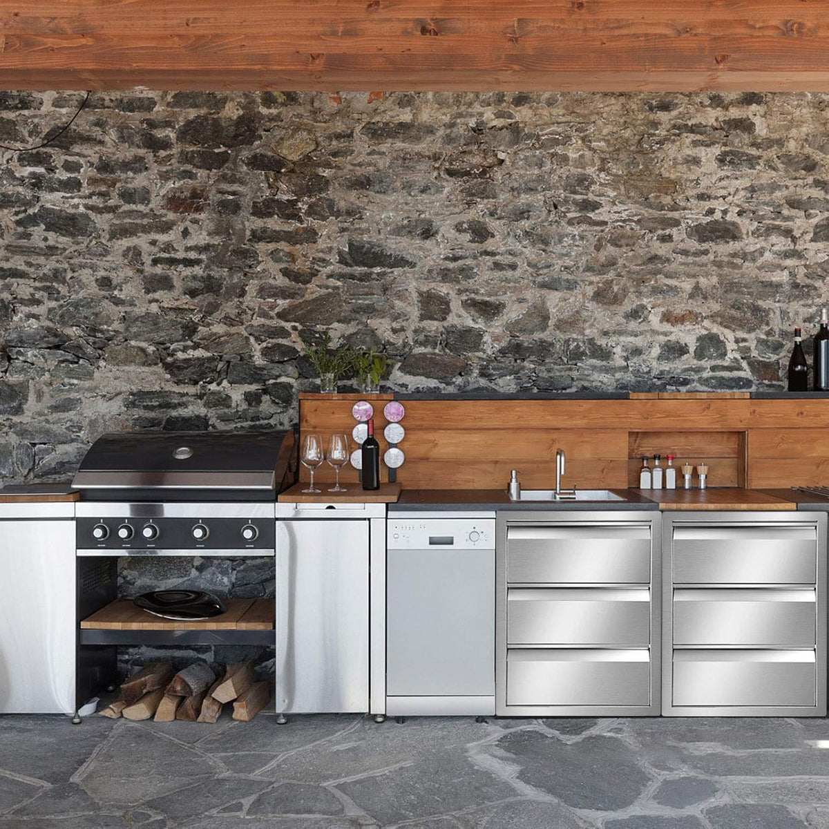 Stainless Steel Double Access BBQ Drawers Box Frame Style Flush Mount Outdoor Kitchen Storage Double Drawers I4193