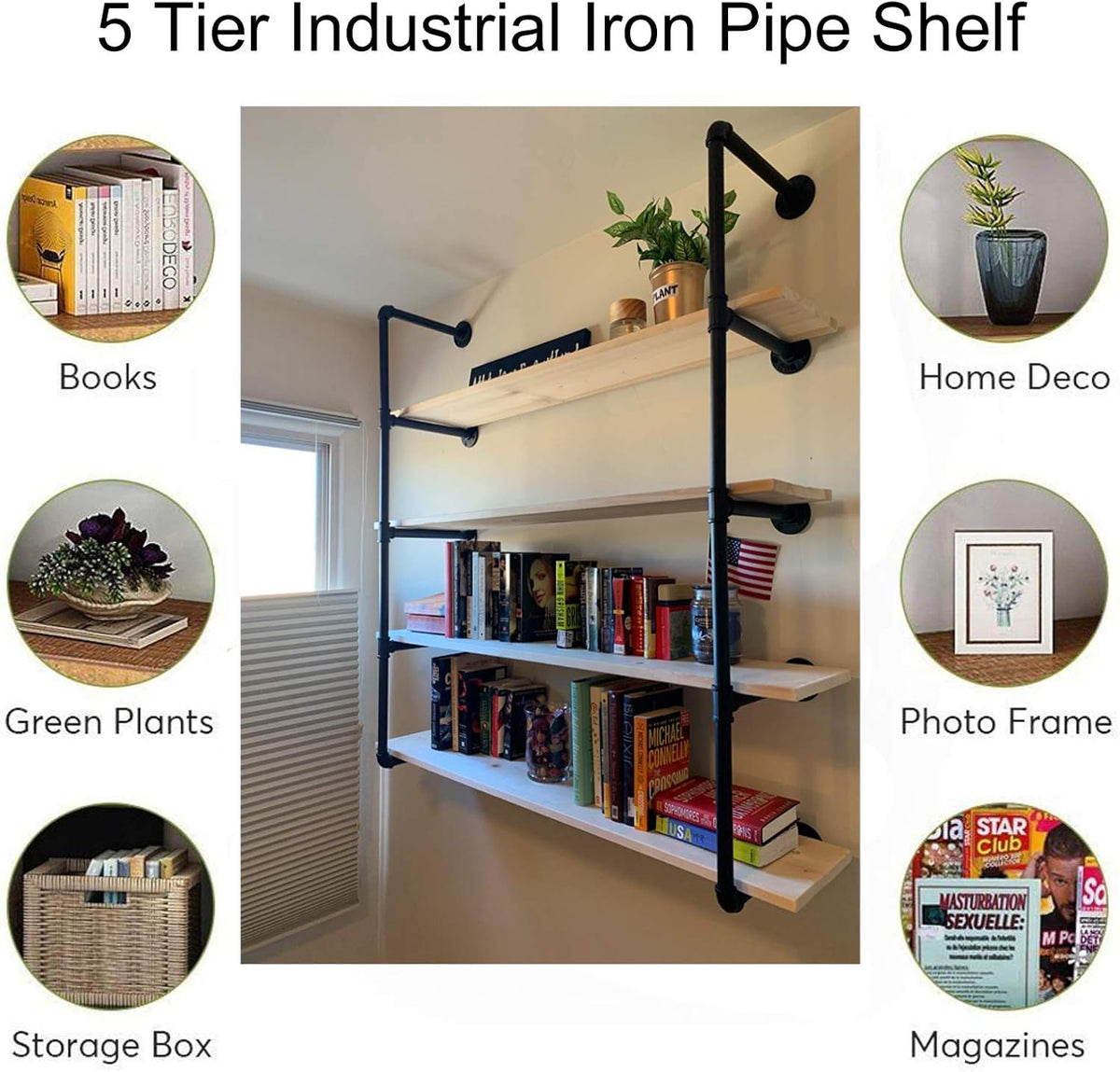 5 Tier Wall Mount Iron Pipe Shelf, 2 Pack 52 Inch Tall P379